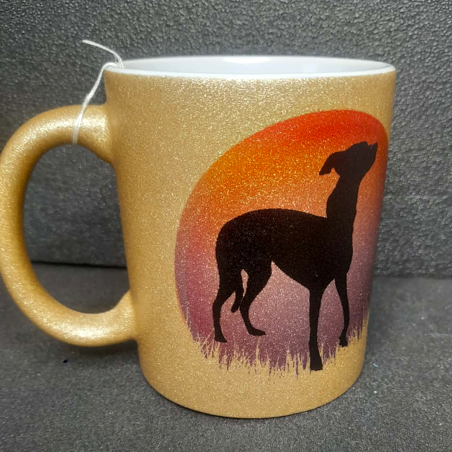 Glitzertasse Keramik Windhund beidseitig bedruckt