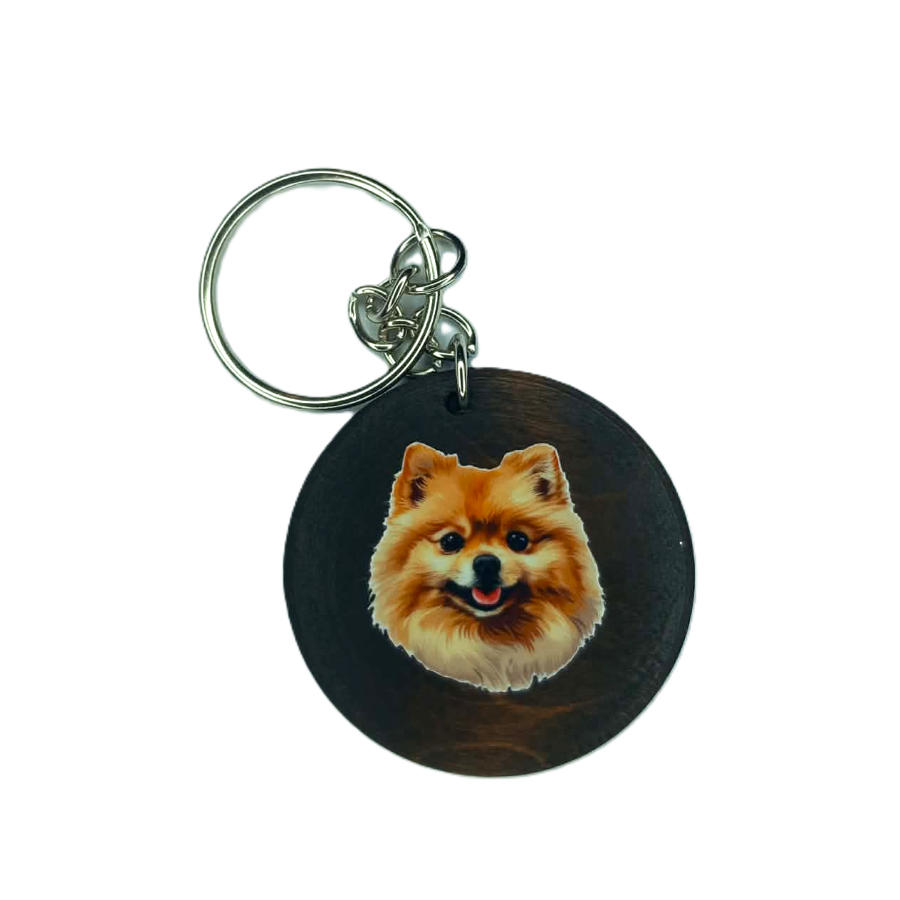 Schlüsselanhänger Holz rund Ø ca.40 mm mit  Pomeranian / Zwergspitz