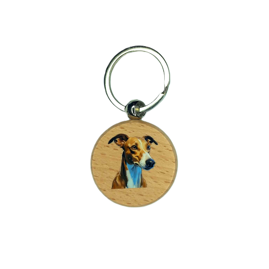 Schlüsselanhänger Holz rund Ø ca.40 mm mit Whippet / Windspiel / Greyhound